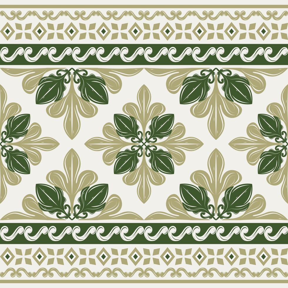Beautiful Abstract Florals with Green Olive Shades on Beige Background. Delicate Embroidery Royal Silk Weaves Handicraft Botanical Border Pattern. Elegance Baroque Scroll Ornament Diamond Tiles Mosaic vector