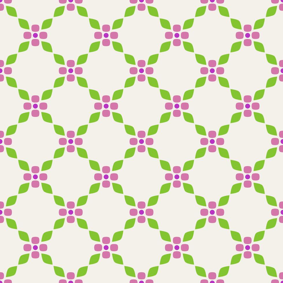 Geometric Flower Tile Pattern in Pink Green Ornament on Beige. Symmetric clean and joyful aesthetic suitable for wallpaper, gift wrap, digital backgrounds, fabrics, textiles, blooming, cute botany vector