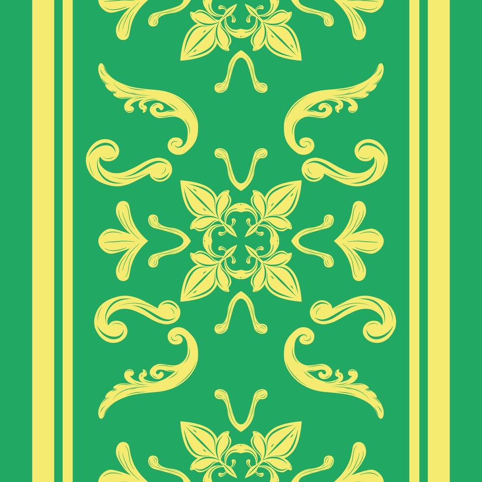 Beauty Classic Baroque Royal Ornament Seamless Border Pattern with Yellow on Green Background. Nature Fresh Blooming Sheen Contrast Design for Expensive Rich Style, Embroidery Silk Weaves Tiles Lace vector