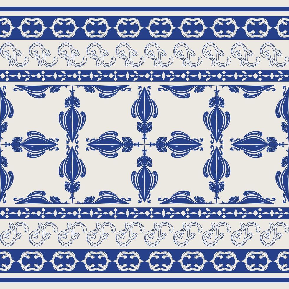 Dainty Elegance Border with Royal Blue Baroque Ornament on Light Beige Background. Abstract Motif Florals Artwork Pattern for Greetings Cover Embroidery Textiles Silk Weaves Lace Tiles Elaborate Style vector