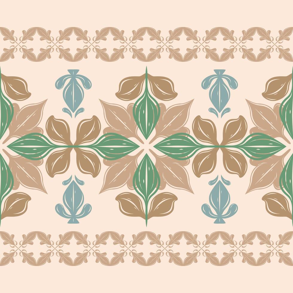 Delicate Ikat Damask Elegance Victorian Baroque Ornament with Brown Green Blue on Beige Background Seamless Border Pattern. Abstract Medieval Florals Textiles Mythology Inspired Embroidery Silk Scarf vector