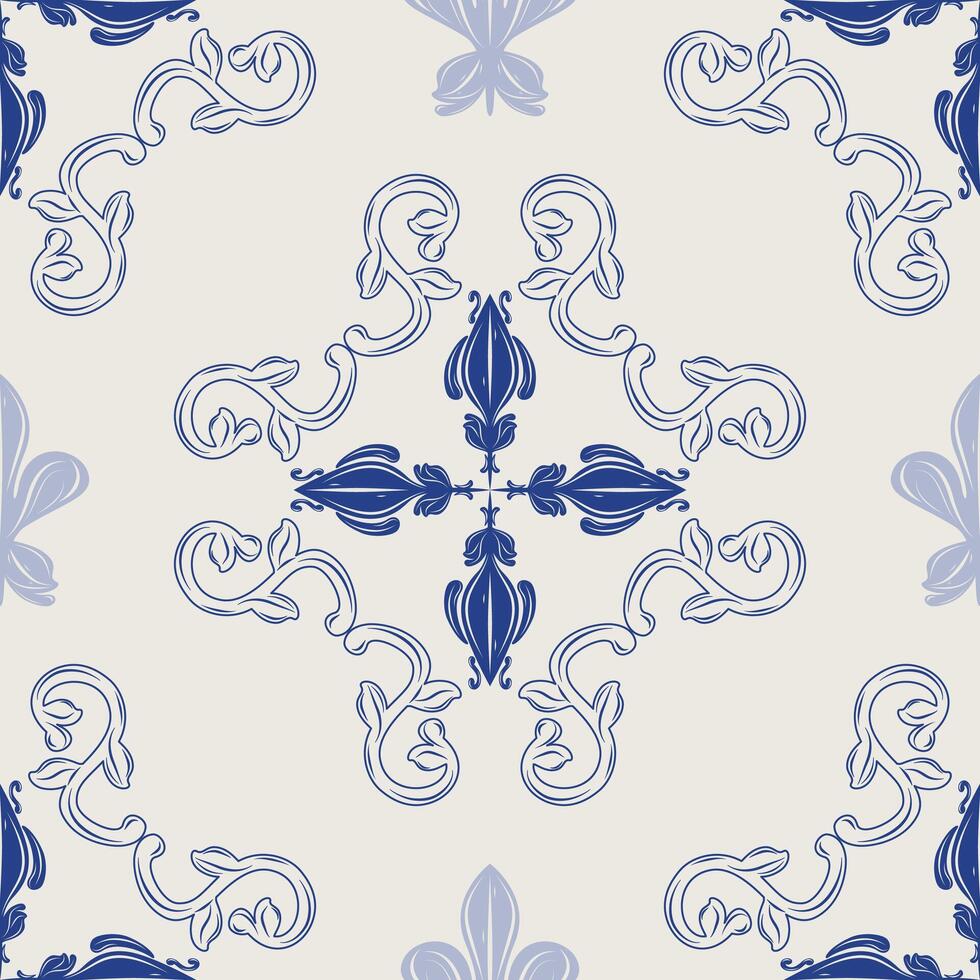 Grandiose Mythology Heavenly Hand Drawn Inspired Seamless Pattern. Royal Blue Scroll Ornament Motif Repeat Detailed Fleur de lis Baroque Style for Branding Tiles Ceramic Mosaic Vintage Elegance Museum vector