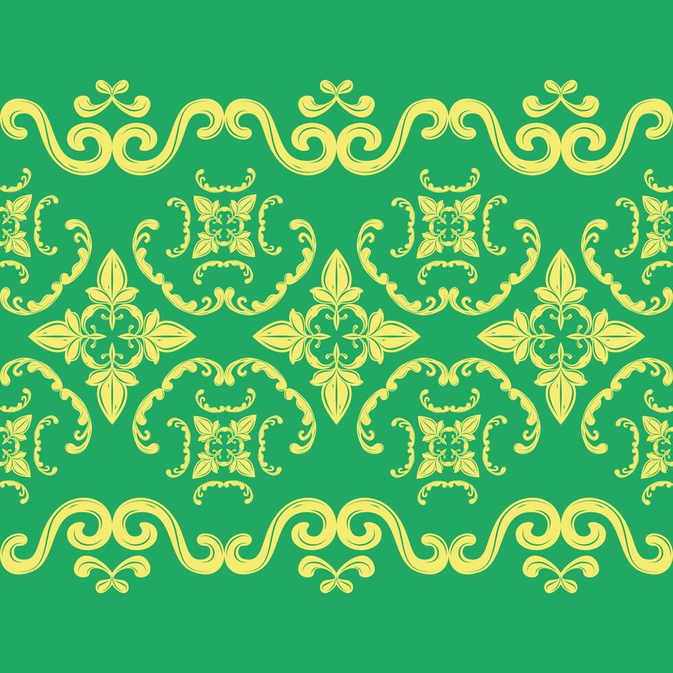 Glamorous Royal Magnificent Florals Seamless Border Pattern. Luxury Haute Couture Rich Yellow Ornament on Fresh Green Background. Classy Victorian Baroque Style for Filigree Embroidery Scarf Carpet vector