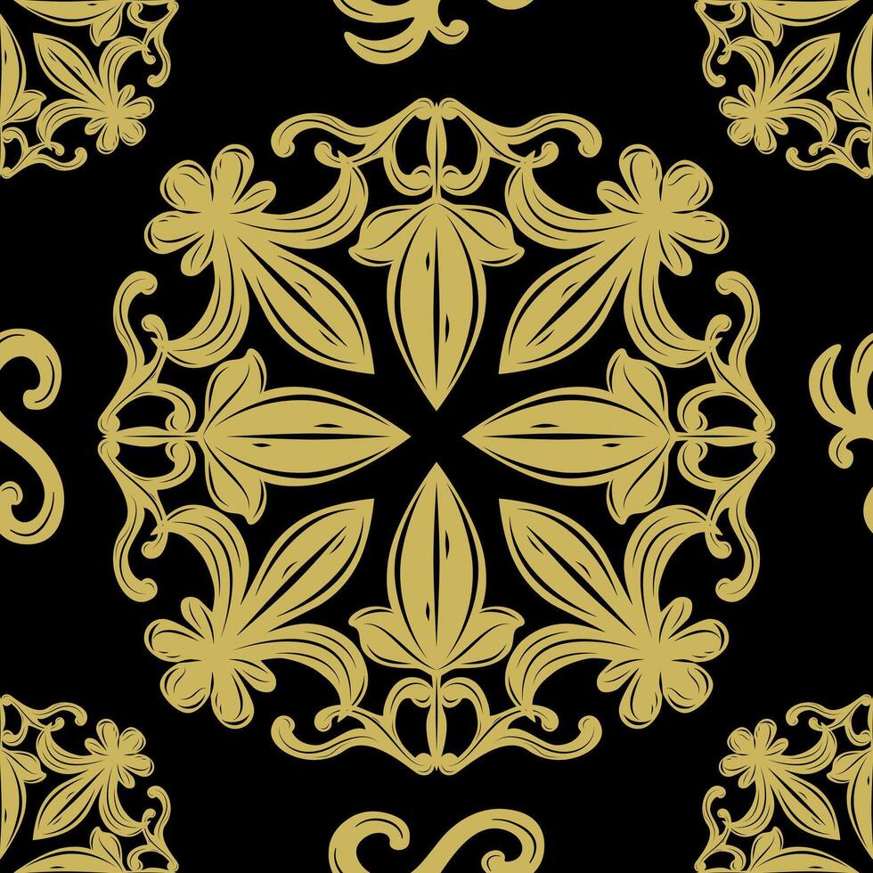Elaborate Fleur de lis Seamless Repeat Decoration with Golden Silk Weaves on Black Background Elaborate Design Luxury Pattern. Elegance Intricate Detailed for Delicate Neat Embroidery Tiles Carpet Rug vector