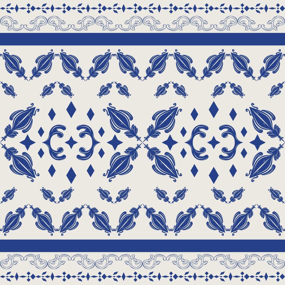Honor of Royal Blue Abstract Elaborate Detailed on Light Beige Background Beautiful Florals Seamless Pattern Border. Fine Azulejo Delicate Inspired Decoration Indigo Tablecloth Textile Fabric Ceramics vector