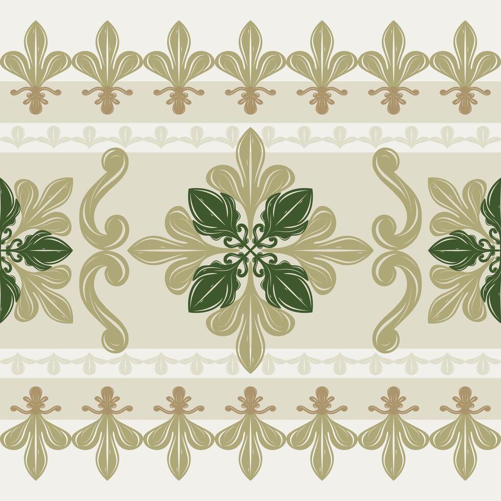 Grandiose Flourish Deep and Light Green Scroll Ornament Baroque Victorian Style Seamless Border Pattern Elegance Fleur de lis Damask For Rich Royal Design wallpaper garment ceramic carpet fabric batik vector