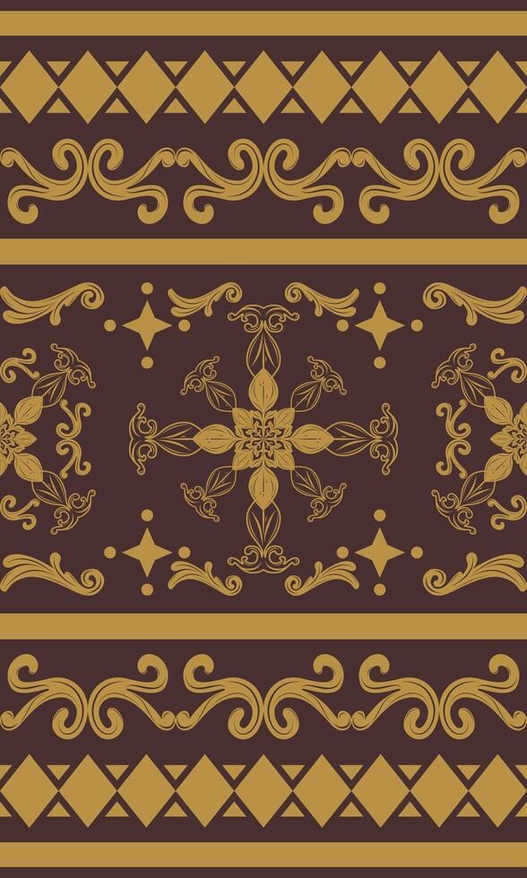 Victorian Medieval Baroque Golden Brown Scroll Ornament Florals Seamless Border Pattern. Elegance Fleur de lis Damask Neatly Arranged Luxury Style for Embroidery Silk Weaves Carpet Curtain Lace Scarf vector