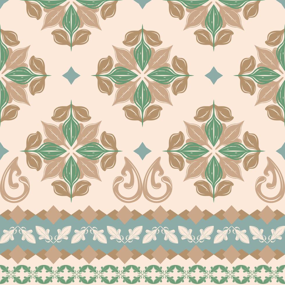 Elegant seamless floral pattern with symmetrical lotus like motifs delicate borders in earthy tones. Inspired by vintage Thai ornamentals, ideal for textiles, wallpaper, wrapping paper, silk, bohemian vector