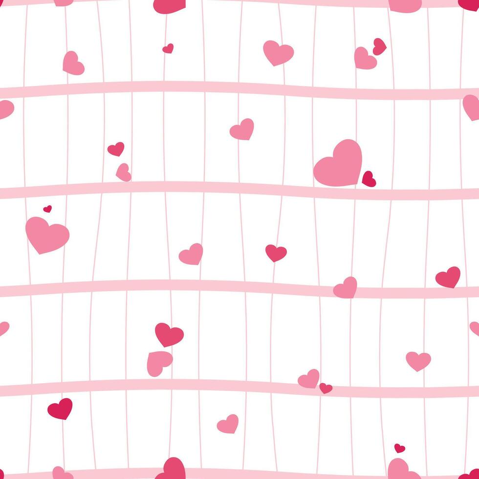 Seamless pattern with horizontal stripes and pink hearts Geometric striped repeating gingham texture. vector