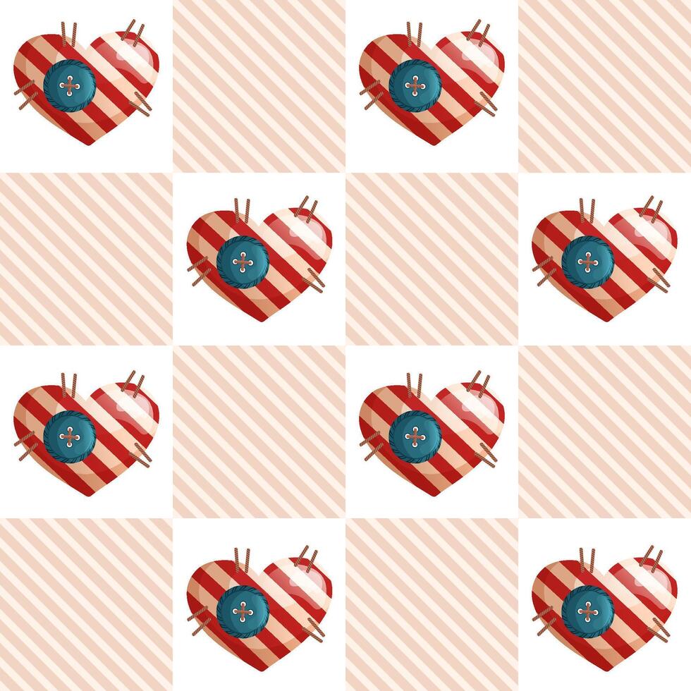 Seamless pattern with hearts, squares and buttons. Geometric repeating gingham pattern, checkered striped plaid texture. vector