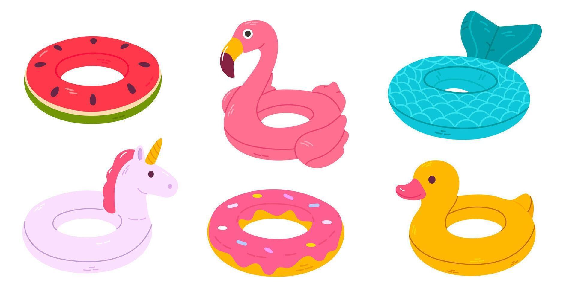 Set of six colorful inflatable pool floats shaped like flamingo, unicorn, duck, watermelon, donut, and mermaid tail, perfect for summer designs and kids' graphics vector