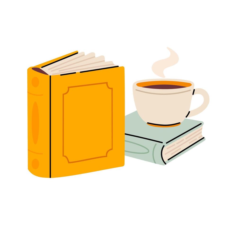 Warm reading corner scene with coffee mug placed beside stacked books vector