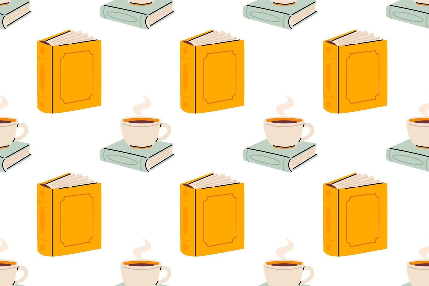 Cozy pattern with books and steaming coffee cups on white background vector