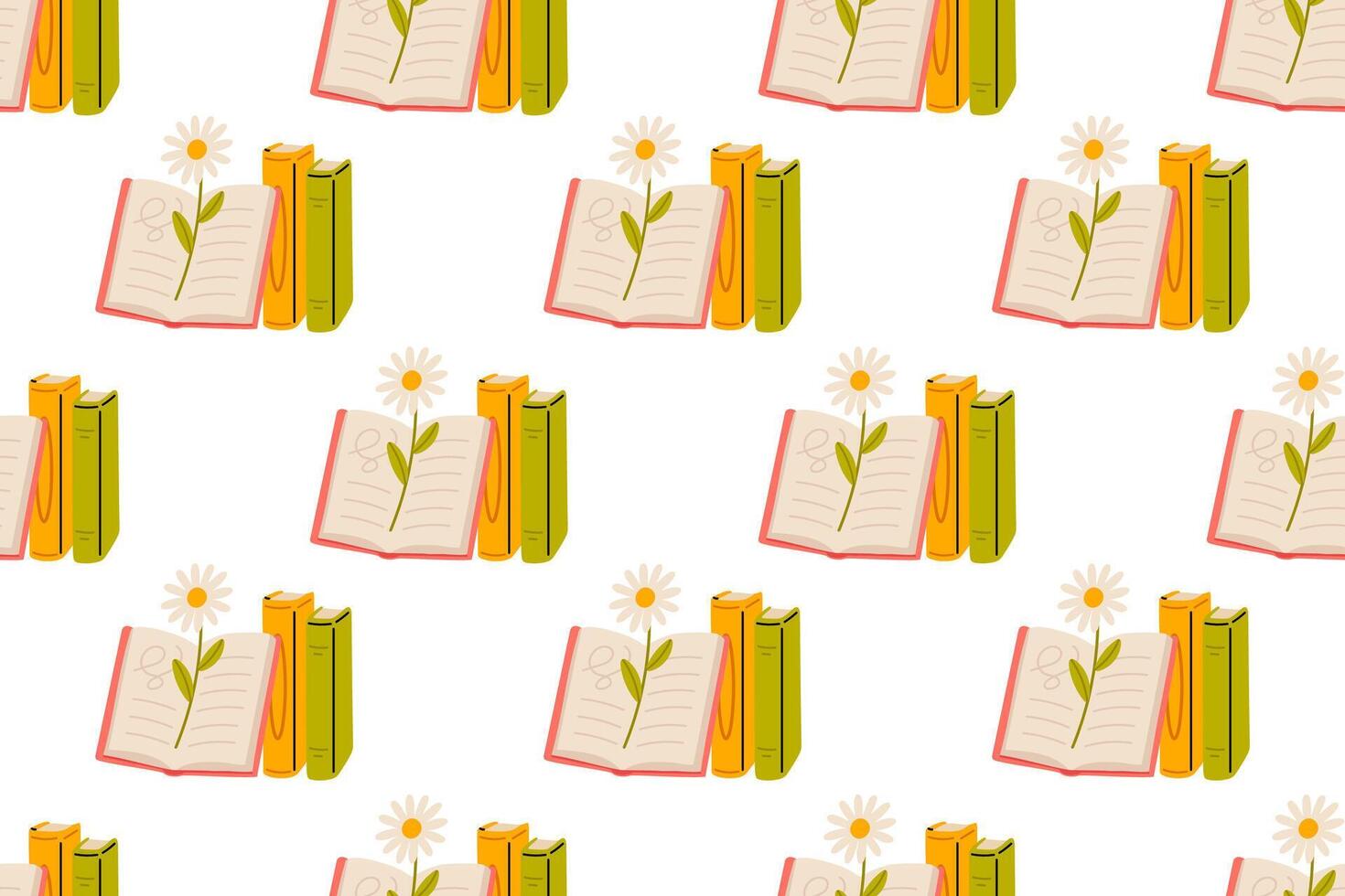 Seamless background of opened books with botanical elements and daisy flowers vector