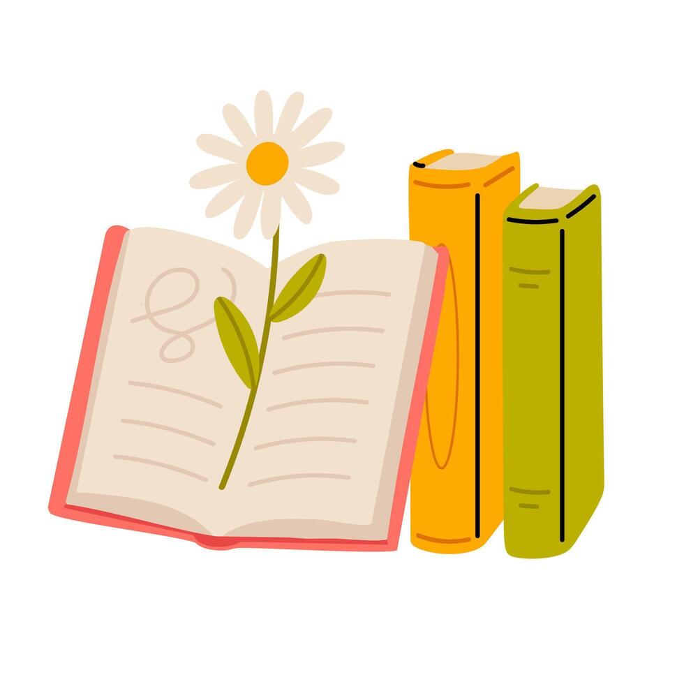 Reading setup with open book, flower and two vertical books in background vector