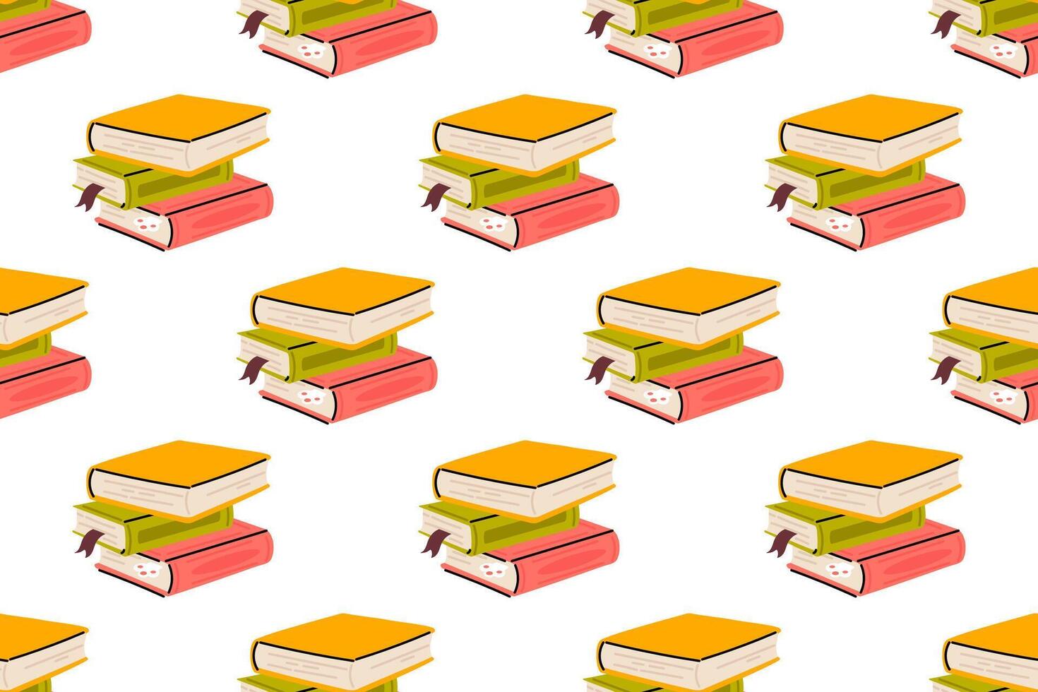 Repeating pattern with piles of closed books and visible bookmarks on white background vector