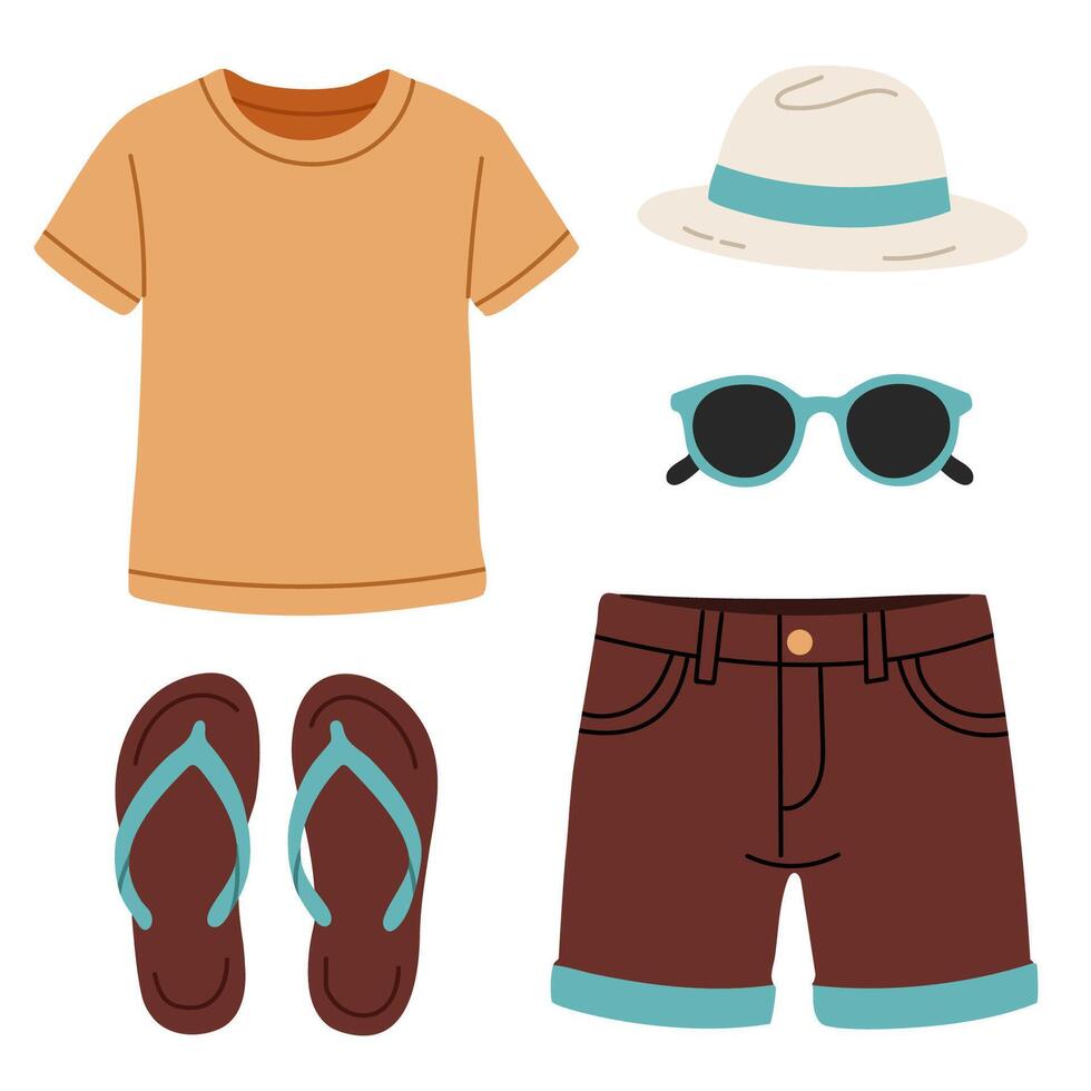 Set of mens casual summer clothing and accessories including t-shirt, shorts, sunglasses, flip flops and hat vector