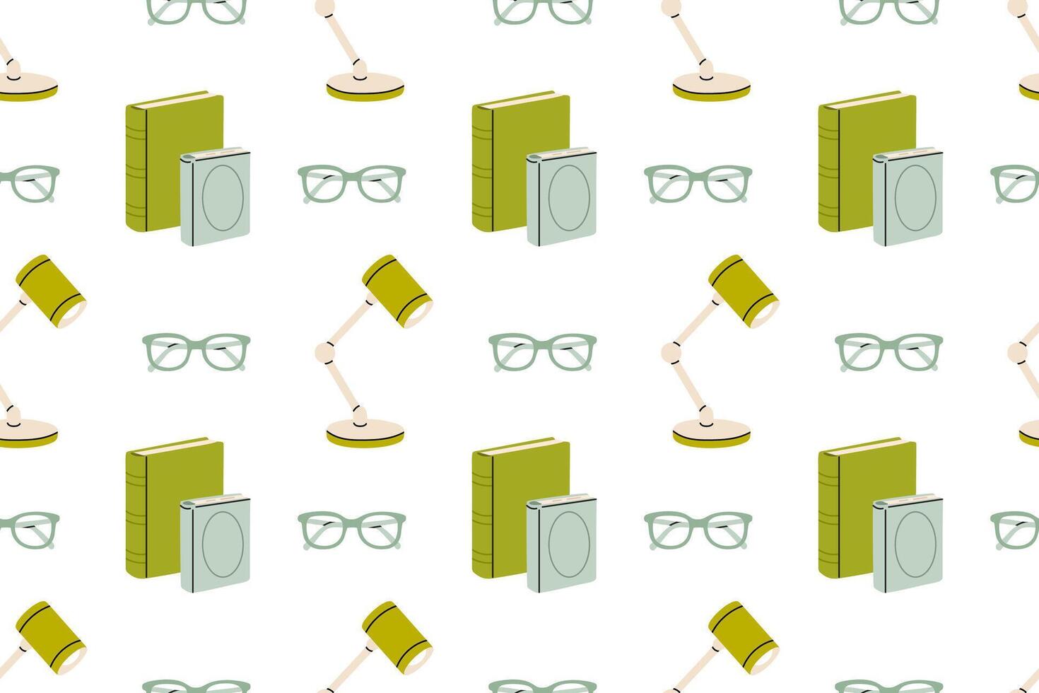 Seamless pattern of desk lamps, books and glasses on white background, ideal for education, library, or workspace visuals vector
