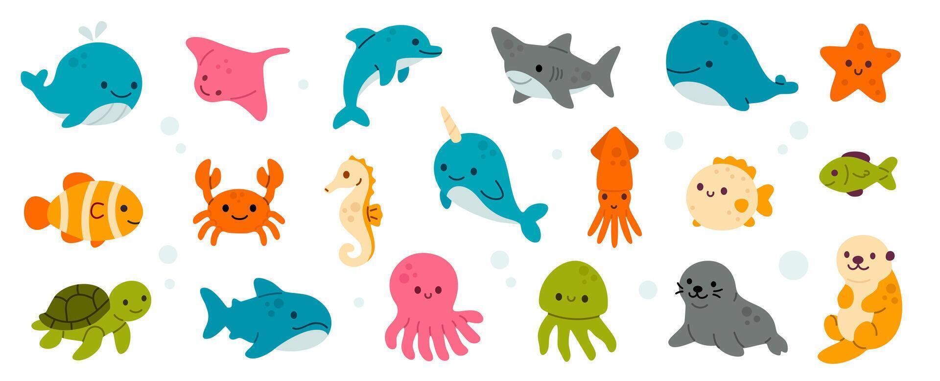 Cute sea animals illustration vector