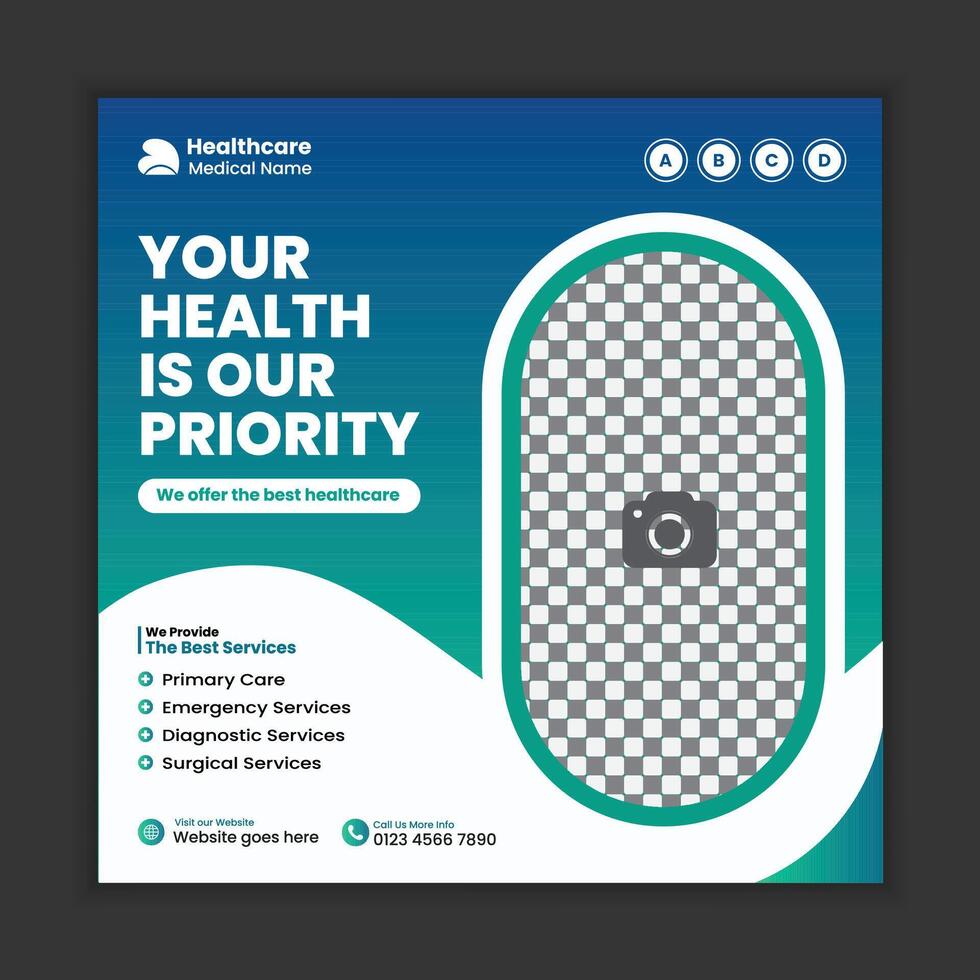 Professional medical healthcare service template for hospital, clinic, doctor, and dentist marketing ads. Perfect for social media post feeds, offering clean, engaging visuals to attract clients vector