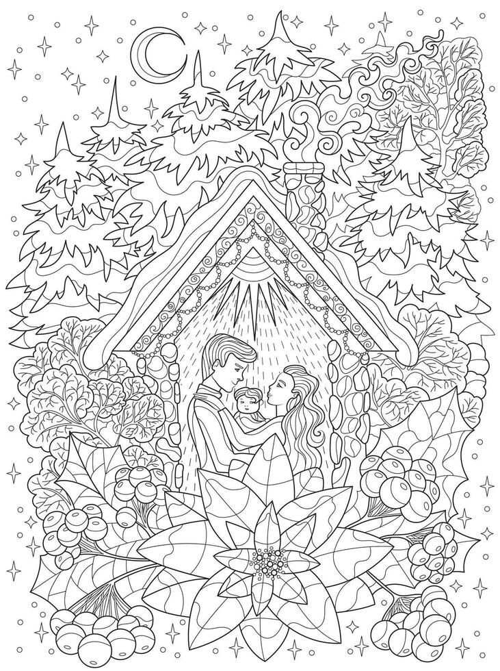 Hand drawn coloring page with loving family couple and child in the house among the trees. Line art illustration. Happy New Year and Merry Christmas card concept vector
