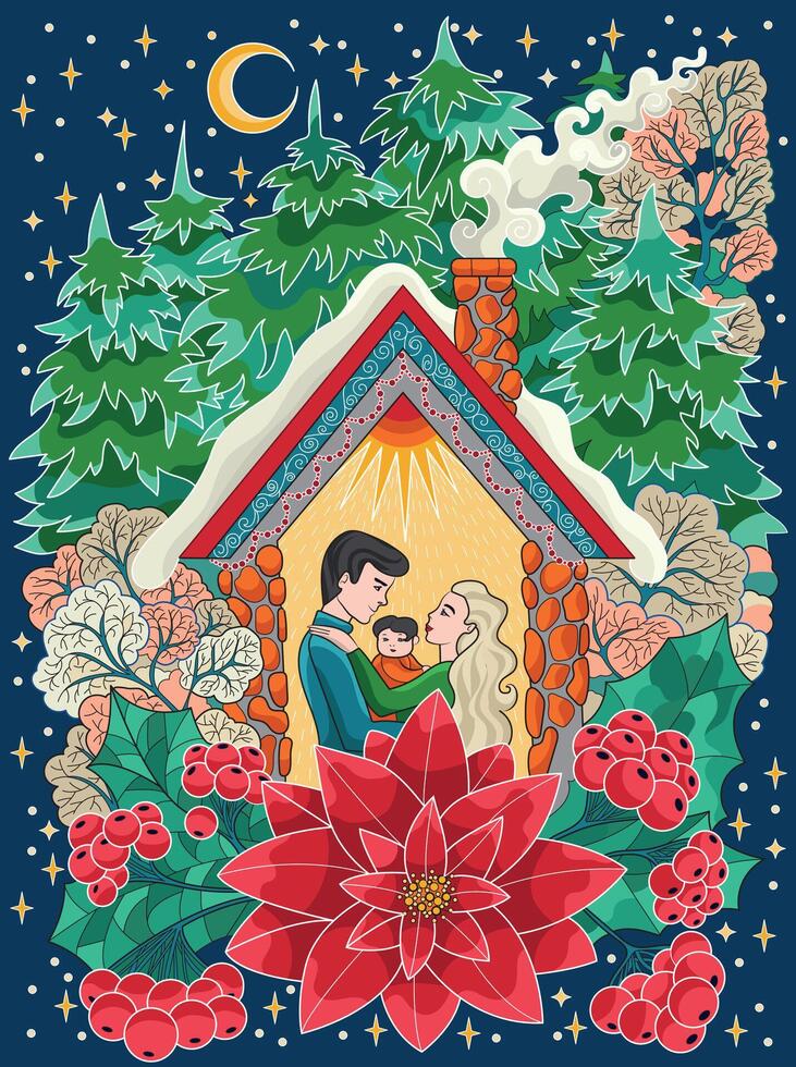 Family in cabin surrounded by winter scenery vector