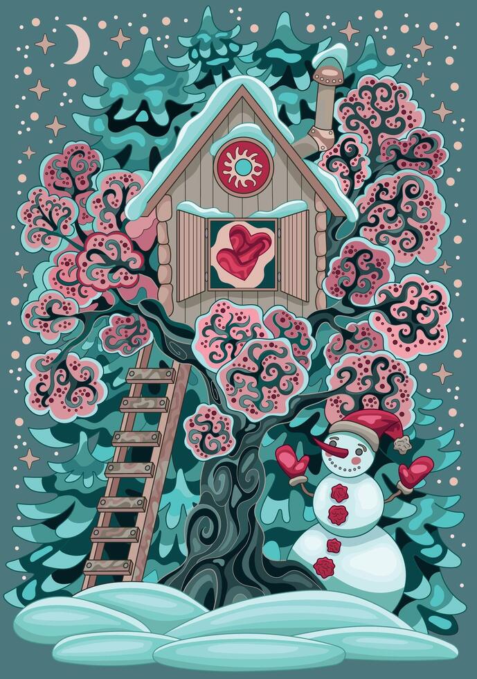 Treehouse and snowman in winter setting vector