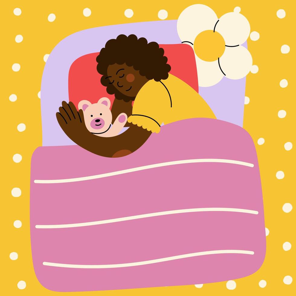 Girl peacefully sleeping in bed hugging teddy bear. Cozy bedtime scene in flat cartoon style. Night rest, comfort, childhood concept. vector