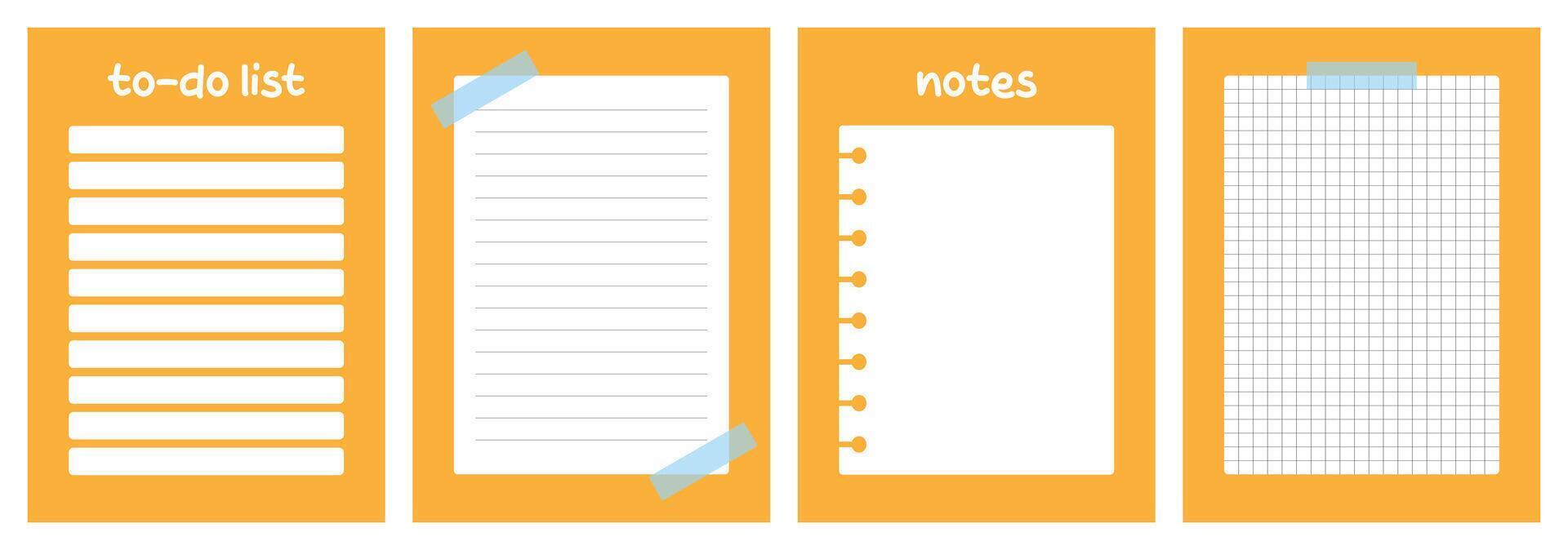 Set of four yellow notebooks with to do list, lined, spiral, and grid paper designs. vector