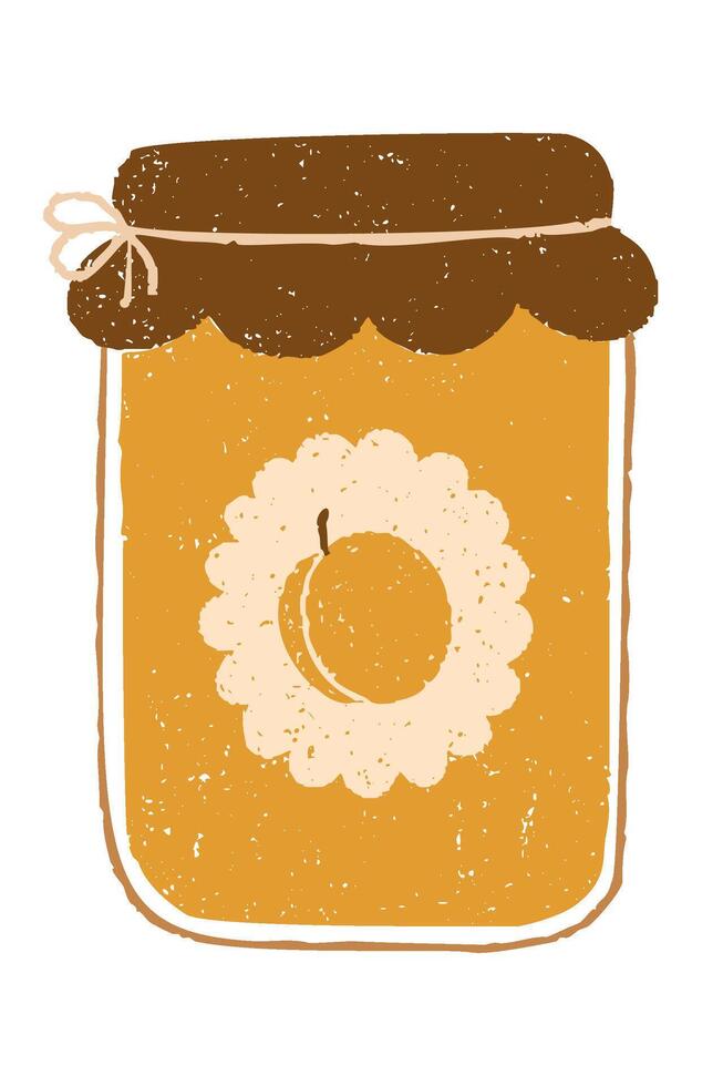 Rustic vintage apricot jam jar with decorative label and twine tie. Chalk, crayon or pencil texture hand drawn design element vector