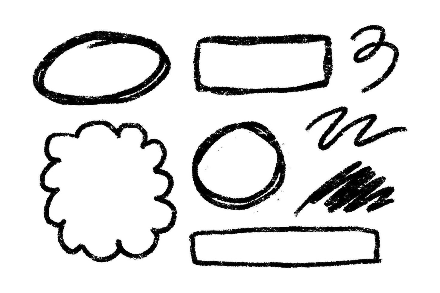 Set of hand drawn design elements chalk crayon pencil texture isolated on white background. Childish imperfect style geometric shapes and scribbles. vector