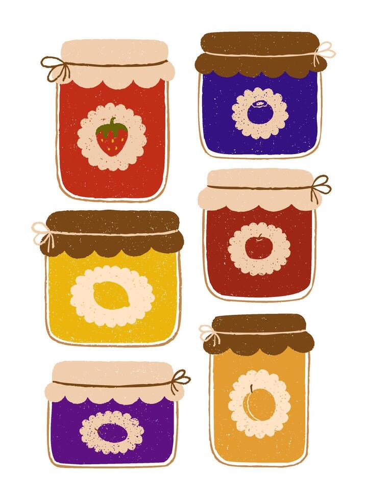 Rustic vintage set of jam jars with decorative label and twine tie. Chalk, crayon or pencil texture hand drawn design elements isolated. Strawberry, lemon, apple, apricot, blueberry and plum jams. vector