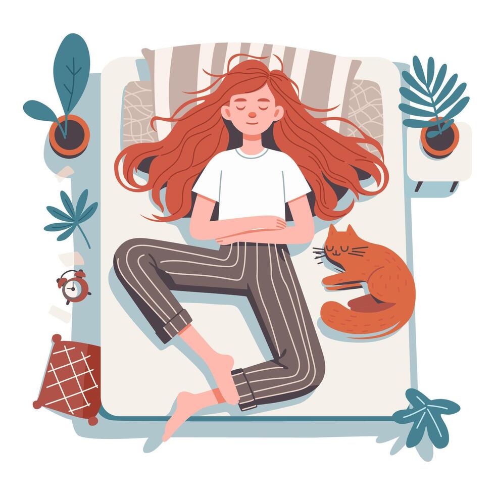 Red-haired girl lying on bed in pajamas, her cat lying next to her. Flat illustration. vector