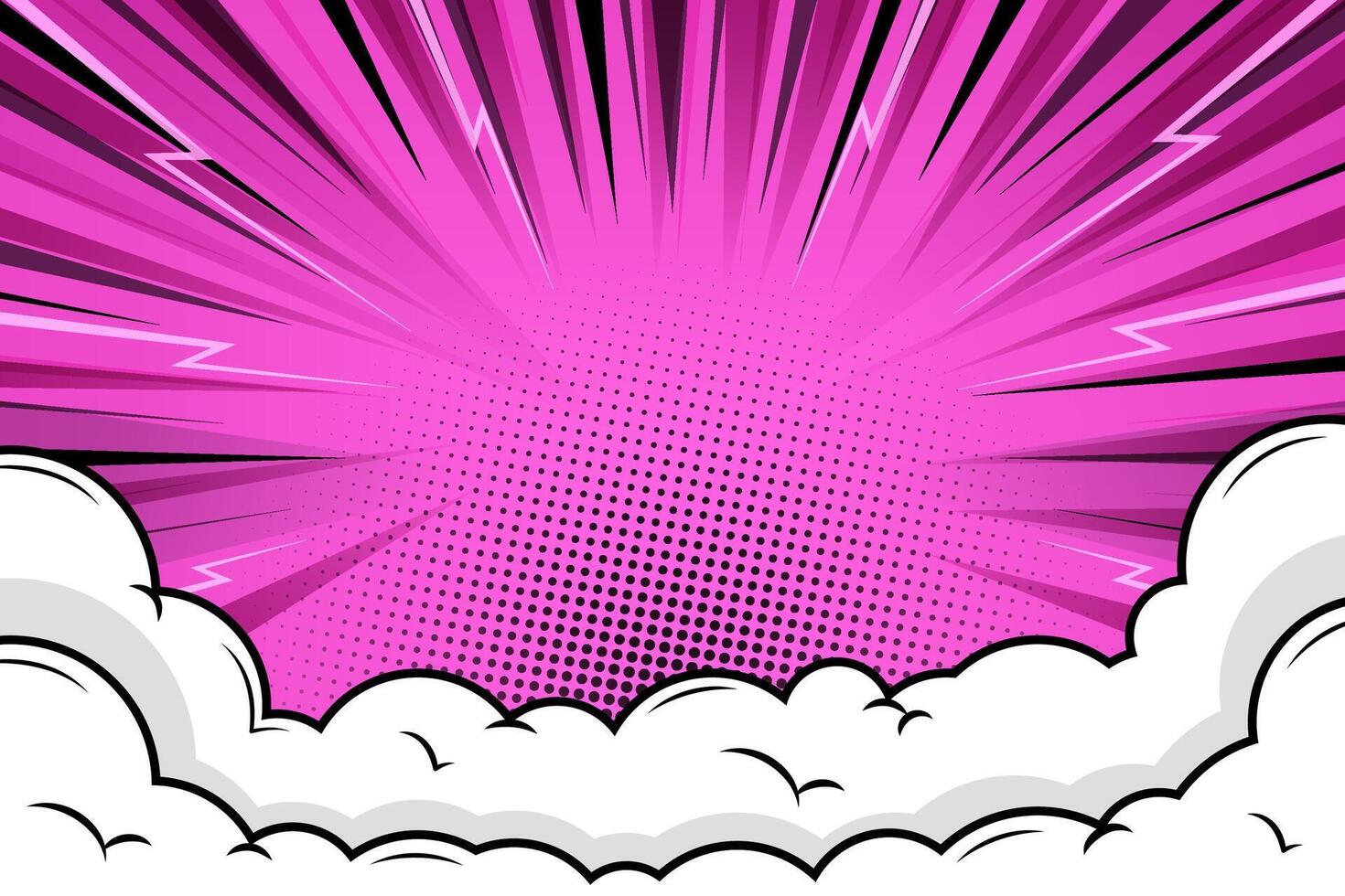 Comic background with pink rays and clouds vector