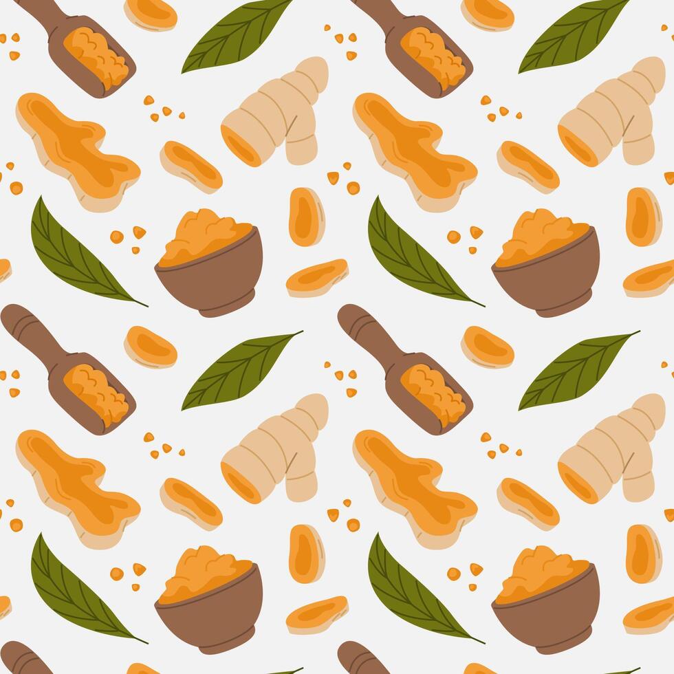 Seamless Pattern of Turmeric Roots and Powder vector