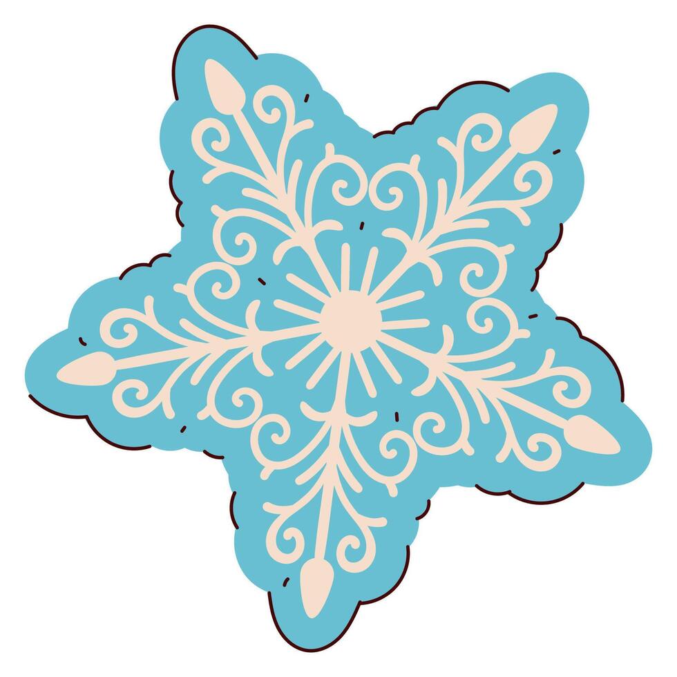 Hand Drawn Snowflake Icon Isolated on White Background. Cute flat snow icon with simple outline, blue silhouette of particles of ice. vector
