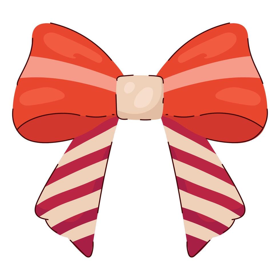 Christmas Red Bow in Hand Drawn Retro Style Isolated on White Background. Vintage ribbon. Cute funny bowknot perfect for Holiday events, cards, posters, patterns, gifts vector