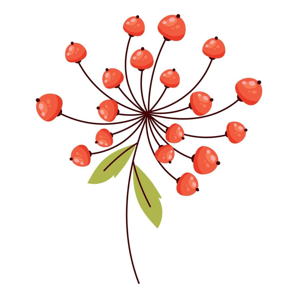 Delicate Berry Flower with Simple Brush Line Decorations. Colorful plant with cute line sketches of branches isolated on white background. Nature herb perfect for invitations, cards, posters, holidays vector