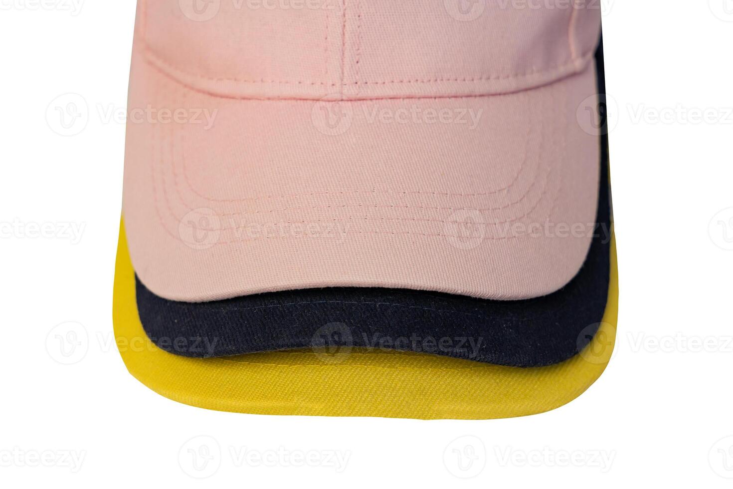Yellow, blue, pink cap visors isolated on white background. Mockup for design placement. photo