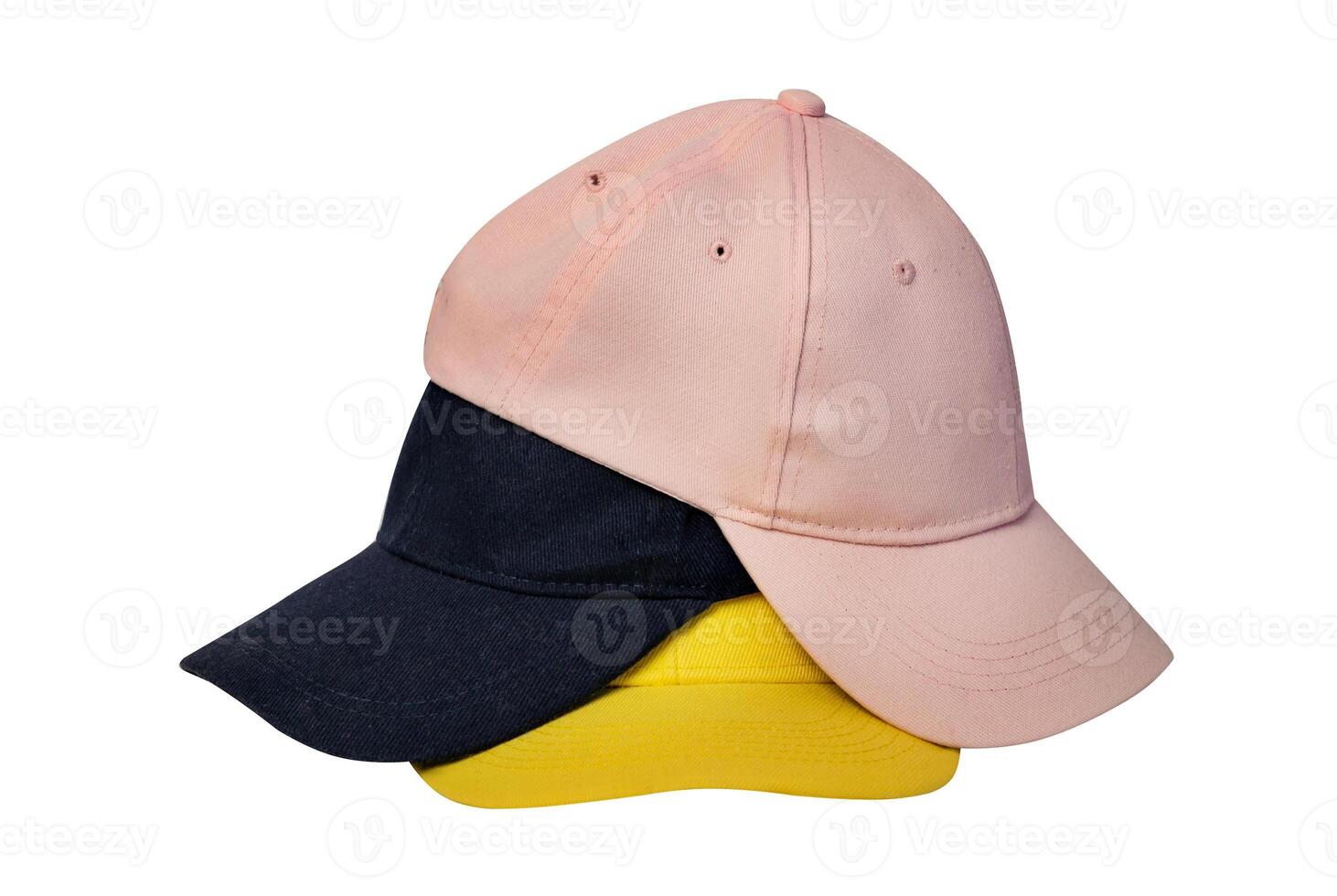 Pink, blue, yellow cap isolated on white background. Three caps on top of each other, mockup for logo placement. photo