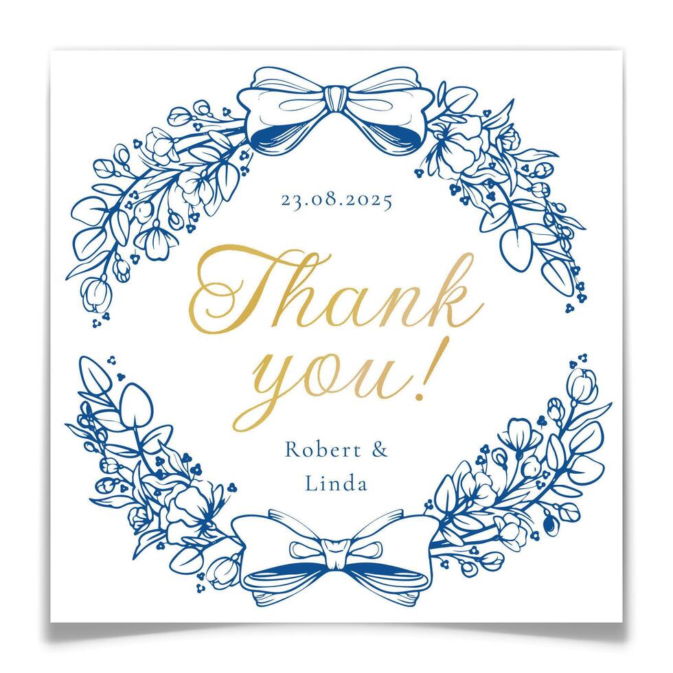 Thank You Card with Blue Floral Frame and Bows. vector