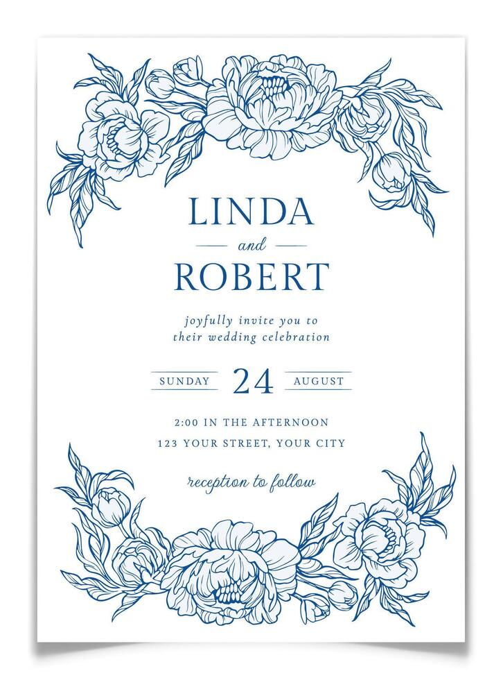 Wedding Invitation Card with Blue Floral Frame. vector