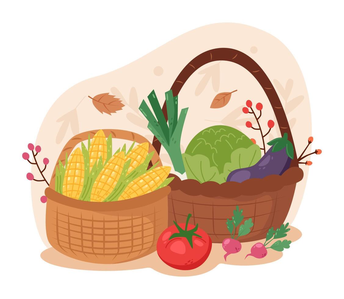 Baskets with fresh vegetables and fruits vector