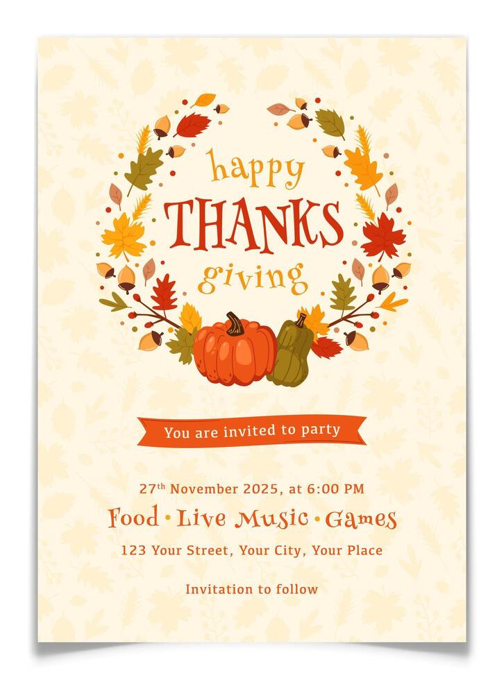 Thanksgiving party invitation with autumn leaves vector