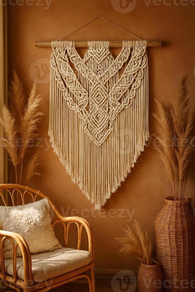 A handmade macrame wall hanging in an earth tone palette. The intricate design with fringes, neutral background, plants photo