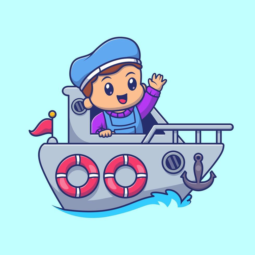 Cute Sailor Waving Hand on Boat Cartoon Illustration vector