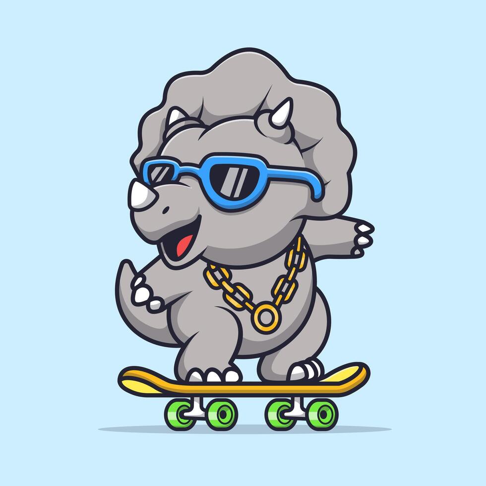 Cute Triceratops Dinosaur Playing Skateboard With Glasses Cartoon vector