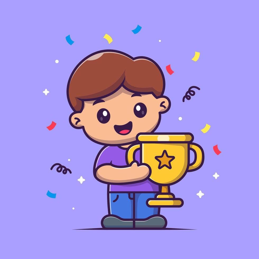 Cute Boy Holding Gold Trophy Cartoon vector