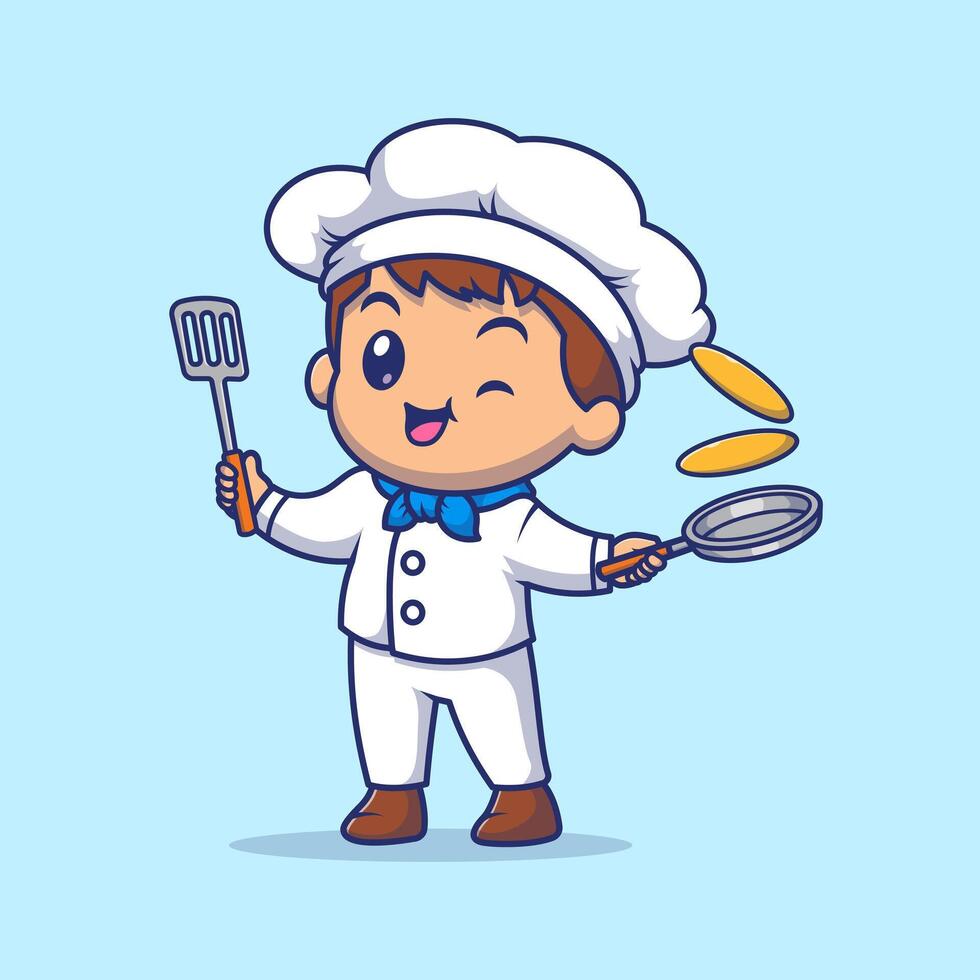 Cute Chef Boy Holding Spatula and Pan Cartoon vector