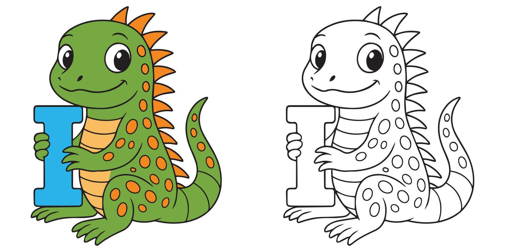 Cartoon dinosaur holding letter I vector